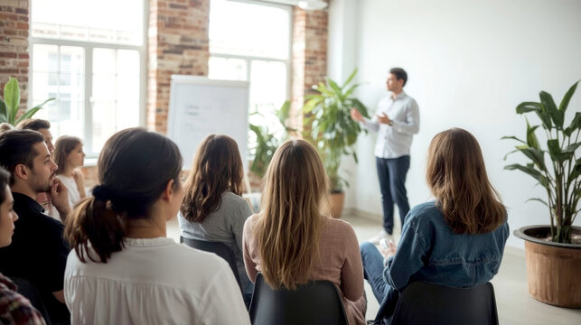 Male speaker giving presentation in hall at university workshop. Audience or conference hall. Rear view of unrecognized participants in audience. Scientific conference event, training.