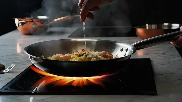 Luxury restaurant chef cooks fried rice in stainless wok. Shrimp, egg, steam, soft flame, marble and copper shine under warm lighting. Ultra-realistic, elegant culinary close-up 