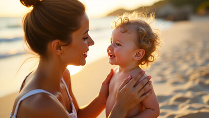 Parent applying sunscreen for a child at the beach, skin care for children.