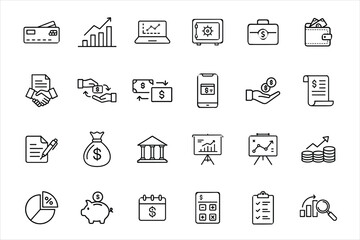 Business and Finance Icon Set  Vector Line Icons of Money, Banking, Investment, and Accounting Concepts on White Background