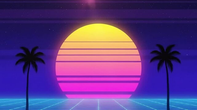 Synthwave Sunset with Palm Trees &ndash; Retro 80s Vaporwave Background