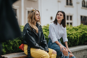 Two friends dressed in casual attire share a moment together on a bench outdoors.