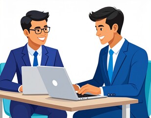 an illustration of smiling coworkers or corporate workers, two happy professional business people talking in a meeting using laptop computers discussing online ai projects together working on white ba