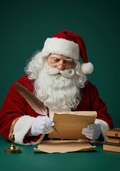 Naklejka premium Classic Santa Claus at his desk, focused on writing the Naughty or Nice list on a parchment scroll with a quill pen.