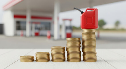 A rising stack of coins with a red jerrycan on top represents the constantly increasing price of fuel and the high cost of transportation