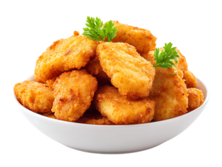 Juicy chicken nuggets on clean white surface