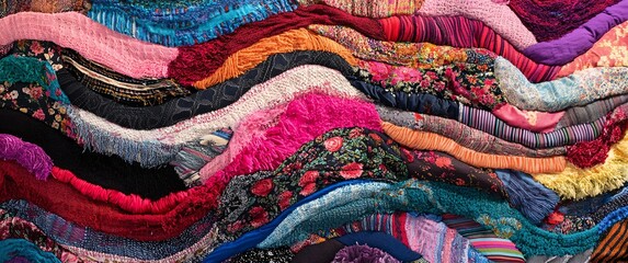 Colorful textural layers of diverse fabric woven into artistic textile patterns