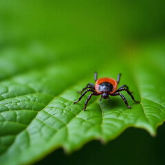 Tick crawling on a leaf, sharp macro shot, warning for hikers