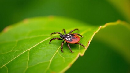 Tick crawling on a leaf, sharp macro shot, warning for hikers