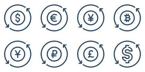 Money and currency exchange editable stroke outline icons set isolated on white background flat vector illustration.