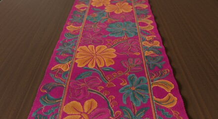Vibrant Floral Table Runner on Dark Wood Surface
