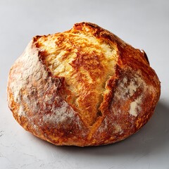 Freshly baked sourdough bread with a golden crust and artisanal texture on a light background