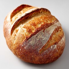 Freshly baked sourdough bread with a golden crust and artisanal texture on a light background