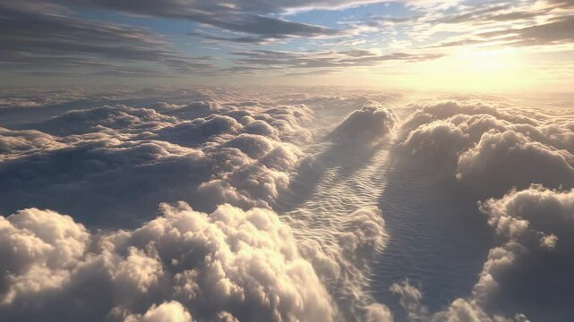 Hyperspeed fly above fluffy clouds with blue sky and beautiful sunset, aerial scenic view 