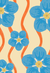 Poster with natural blue flower motif on yellow canvas with additional orange straight lines, trendy vintage style, suitable for summer days, used as greeting card decoration, display in a comfortable