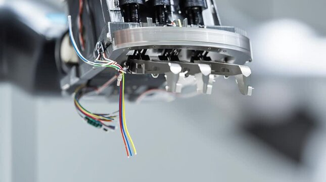 Extreme close-up of a precision industrial robotic gripper holding a fragile microchip. Metallic fingers with soft silicone pads reveal fine textures, micro-scratches, wires, and dust in a sterile hig