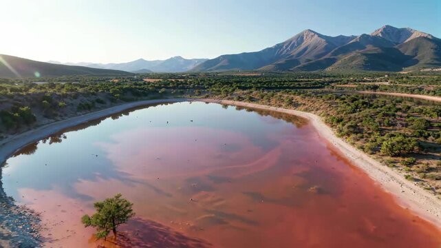 arafed lake with red algae in the middle of a desert