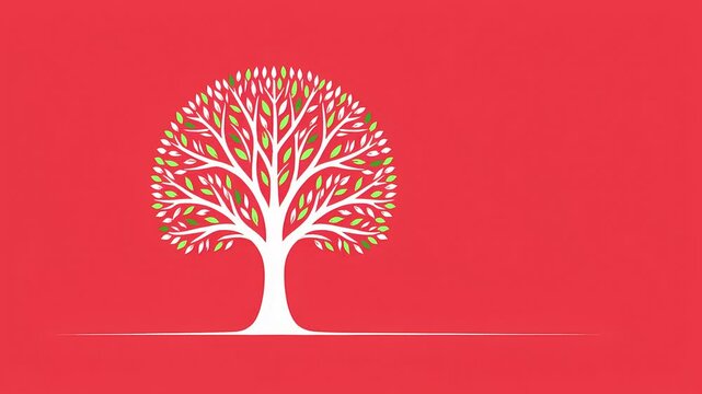 illustrazione animata con albero bianco su sfondo rosso e foglie che si colorano di verde, stop motion