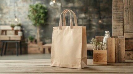 Brown paper bag with textile handles on a wooden table against a blurred background