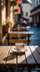 european coffee shop outdoor, european coffee shop morning vibe, relaxing moment at european coffee shop table