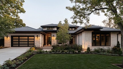 Obraz premium Modern home's exterior features a stone facade black framed windows and a garage on a manicured lawn