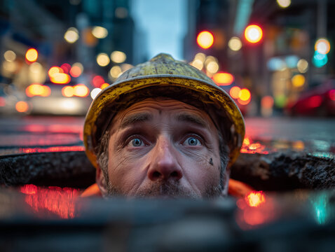 A utility worker emerging from a manhole in the middle of a city street at dusk