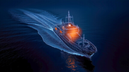 Digital line art of an industrial ship navigating through the ocean, with dynamic waves and detailed wireframe lines that convey motion and energy.