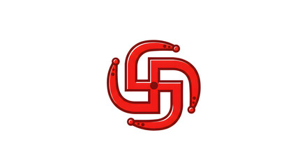 Stylized red Swastika symbol,  circular arrangement,  four curved arms,  dots at junctions.