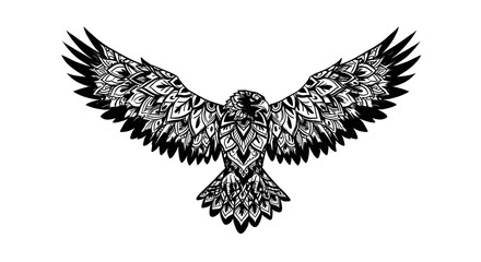 Fototapeta premium Ornate mandala-style hawk in flight, wings spread wide, intricate black and white design.