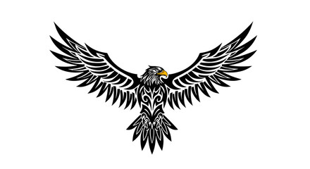Obraz premium Detailed black and white vector illustration of an eagle with spread wings and intricate tribal-style patterns on its body.