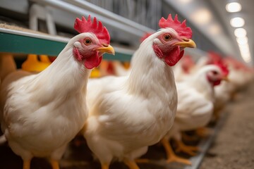 Fototapeta premium A close-up view of white chickens in a modern farm setting, showcasing their vibrant feathers and lively posture.