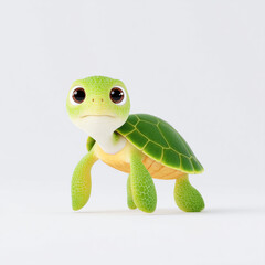 Fototapeta premium Sea Creatures: Origins of Life - A cute and realistic 3D cartoon baby sea turtle with glossy eyes and a polished green shell, set against a white background with soft lighting.