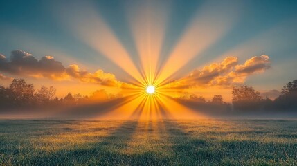 Obraz premium Golden Sunrise Over Field With Trees In The Horizon Peaceful Landscape