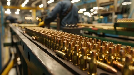 Obraz premium In an industrial setting, workers monitor a long row of finished firearm cartridges moving along a conveyor belt. The focus is on quality control and efficiency in the ammunition production