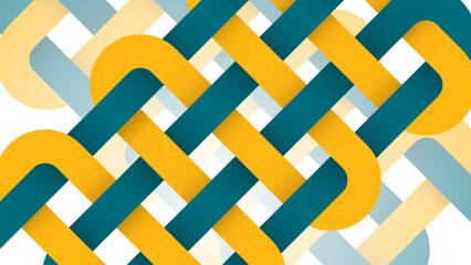 Abstract interlocking shapes background. Colorful woven ribbon texture in yellow and teal