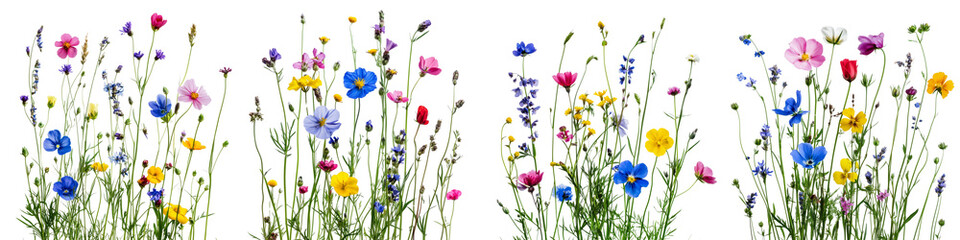 set of Clusters of ornamental meadow grasses gently scattered with blooming flowers, on a transparent backgrounds
