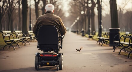 Obraz premium Portrait of an elderly man riding an electric scooter, modern technology concept with urban background, mobility innovation, senior enjoying smart transportation, outdoor city environment