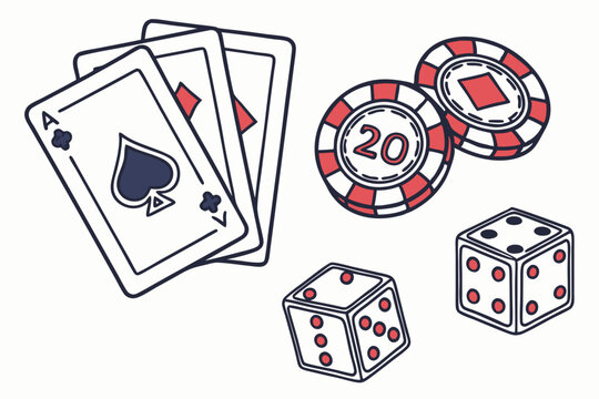 Playing cards dice and casino chips isolated on white background