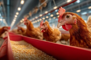 Close-up of chickens feeding in a poultry farm, showcasing farm life and animal husbandry in a vibrant setting.