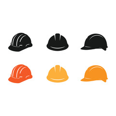 Construction Safety Helmet Icons Set – Hard Hat Vector Silhouettes in Black and Color for Industrial Safety and PPE Design