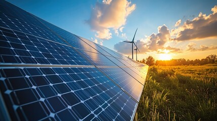 Solar Panels and Wind Turbines in Field with Blue Sky Background, Gradual Depth of Field Effect, Sustainable Energy Infrastructure Stock for Eco Design and Education.