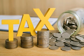 Wooden Alphabet with the word TAX on many pile of coins