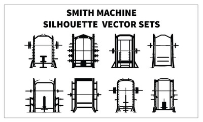 Smith Machine Silhouette Vector Set – Gym Fitness Equipment Icons Isolated on White Background