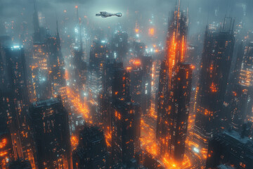 Plane flying over a futuristic city.