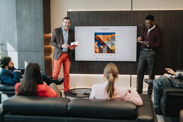 Business team members collaborating on a presentation during a meeting in a luxurious office...