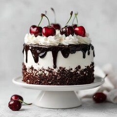 A decadent slice of black forest cake with layers of chocolate sponge, whipped cream, and cherry filling, topped with chocolate shavings and cherries. A classic German dessert. Isolated on clean white