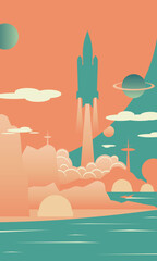 Vector minimalistic illustration of a rocket launch on a distant planet with futuristic architecture, colorful landscape, clouds, and space elements. Ideal for science fiction, space travel, and techn