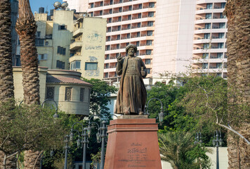 Cairo, Egypt - September 11, 2023: Cairo Skanderbeg monument, Albanian cultural landmark, public statue square, bronze memorial sculpture, urban heritage site Egypt