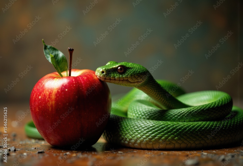 Poster green snake approaching a red apple with a leaf on a rustic surface