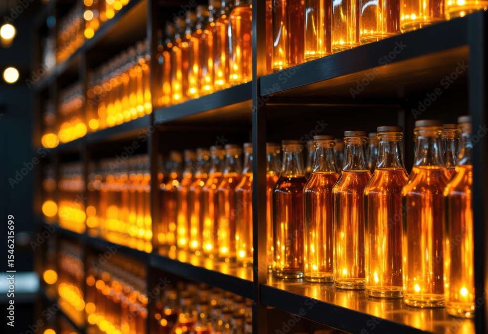 Poster shelves filled with glowing amber bottles create a warm and inviting display